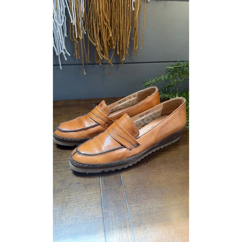 VTG Womens Nina Italian Orange Leather Loafers Wedge Shoes Slip on Size 7B Rb536
